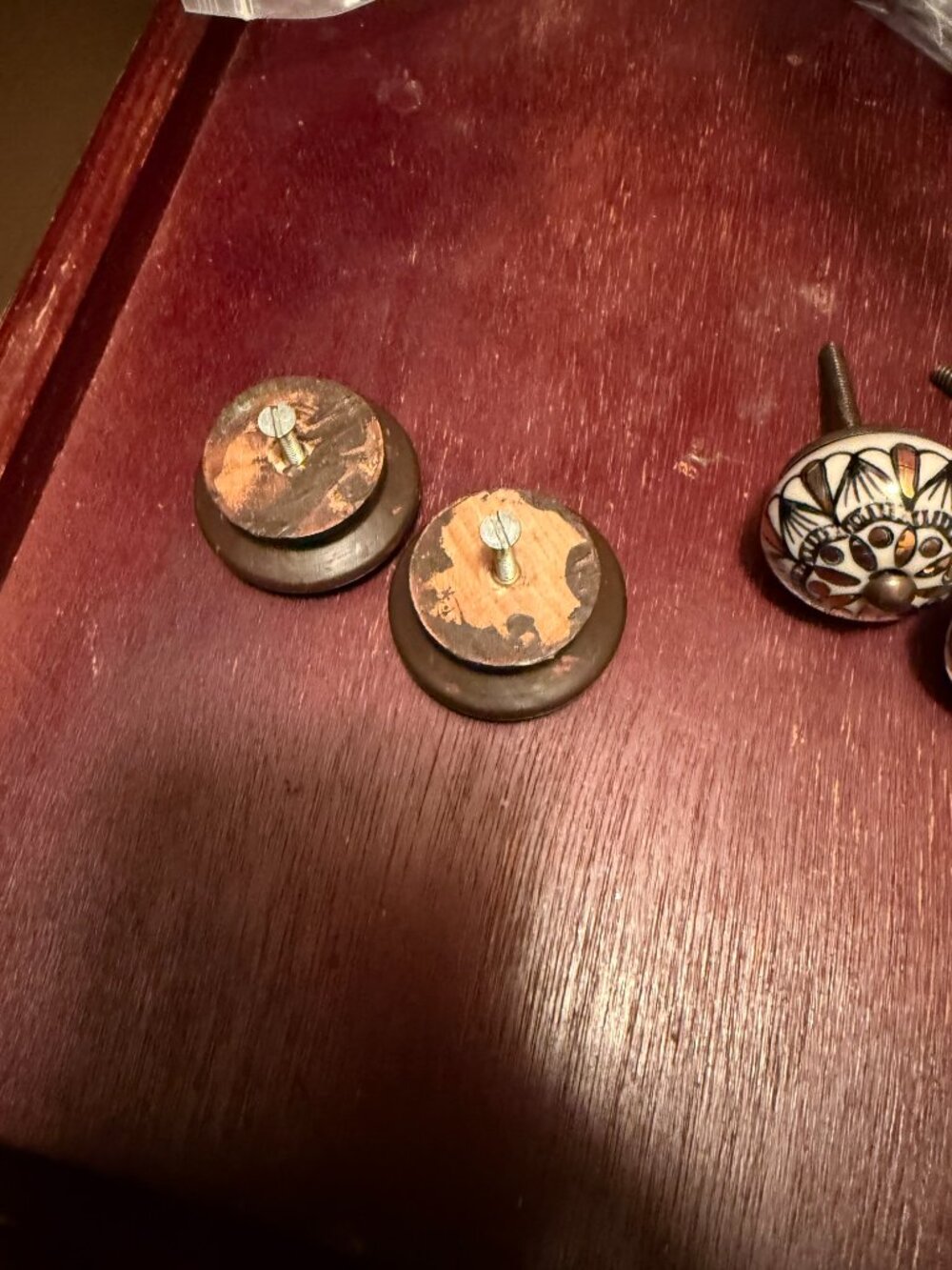 Rustic Brown Painted Round Wooden Knobs Farmhouse Wood Cabinet Pulls, Set of 2 - Picture 6 of 6